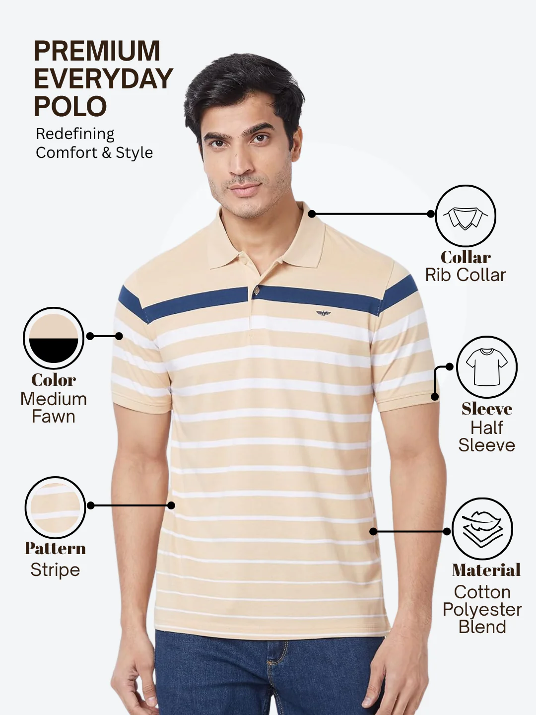 Park Avenue Men Brown Slim Fit Stripe Polo Neck Collar T-Shirt - Image 4