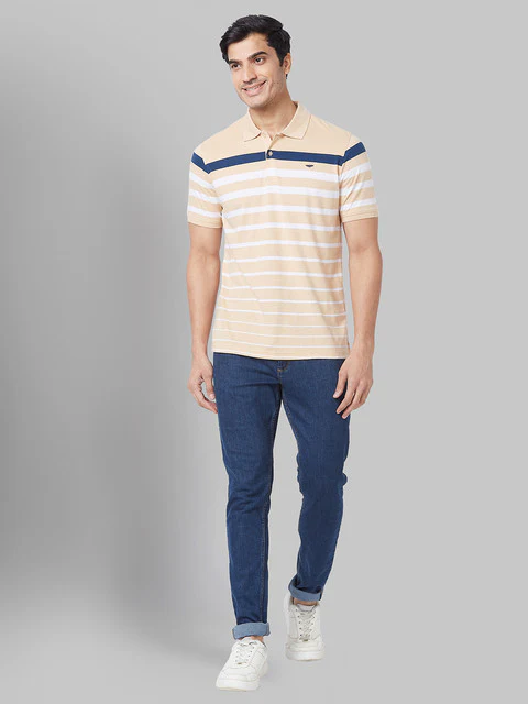 Park Avenue Men Brown Slim Fit Stripe Polo Neck Collar T-Shirt - Image 6