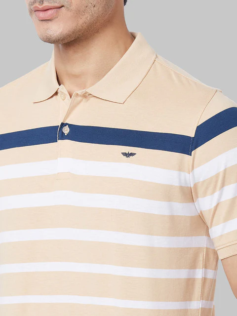 Park Avenue Men Brown Slim Fit Stripe Polo Neck Collar T-Shirt - Image 7