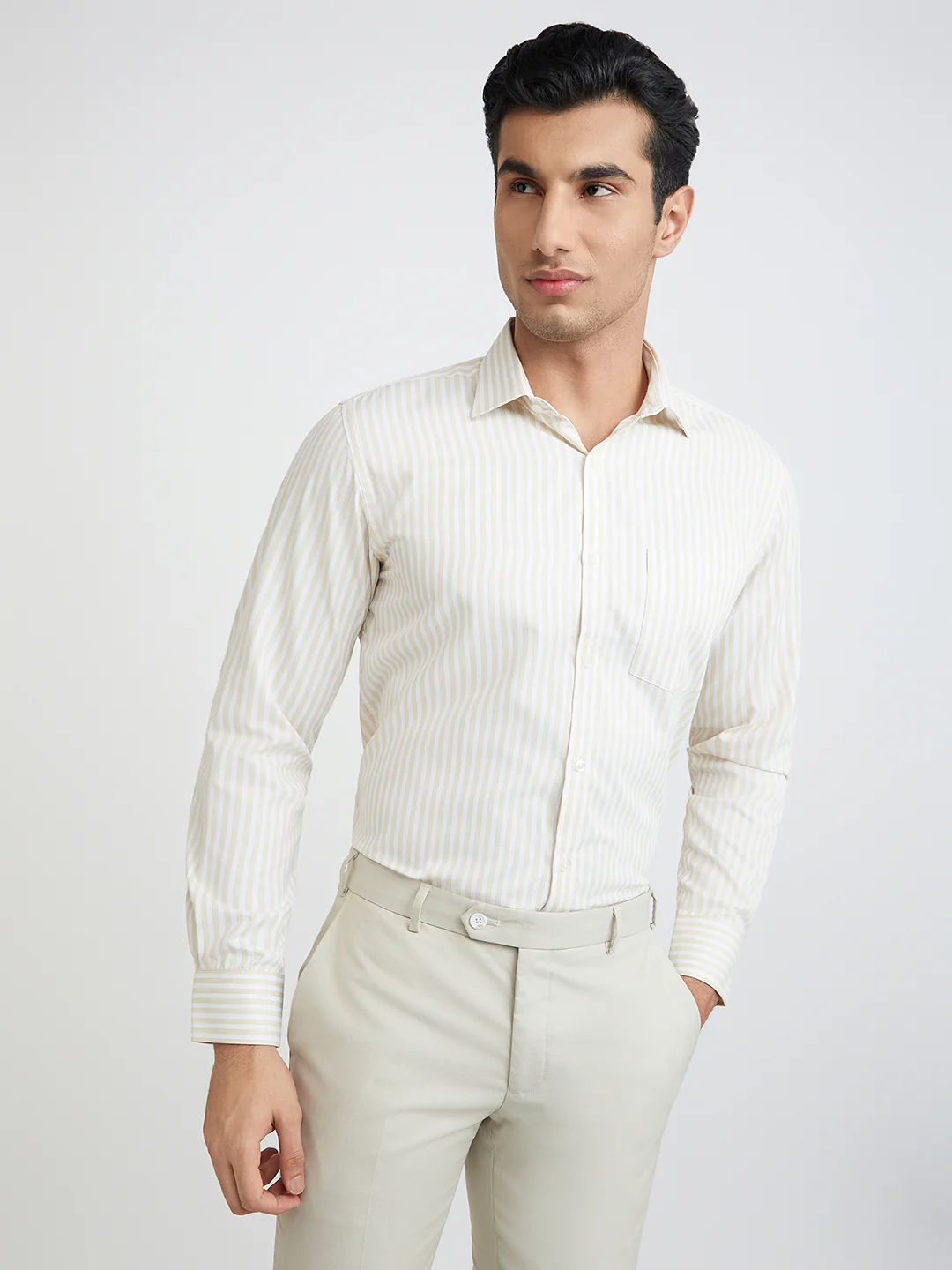 Park Avenue Men Brown Stripe Slim Fit Polyester Blend Shirt