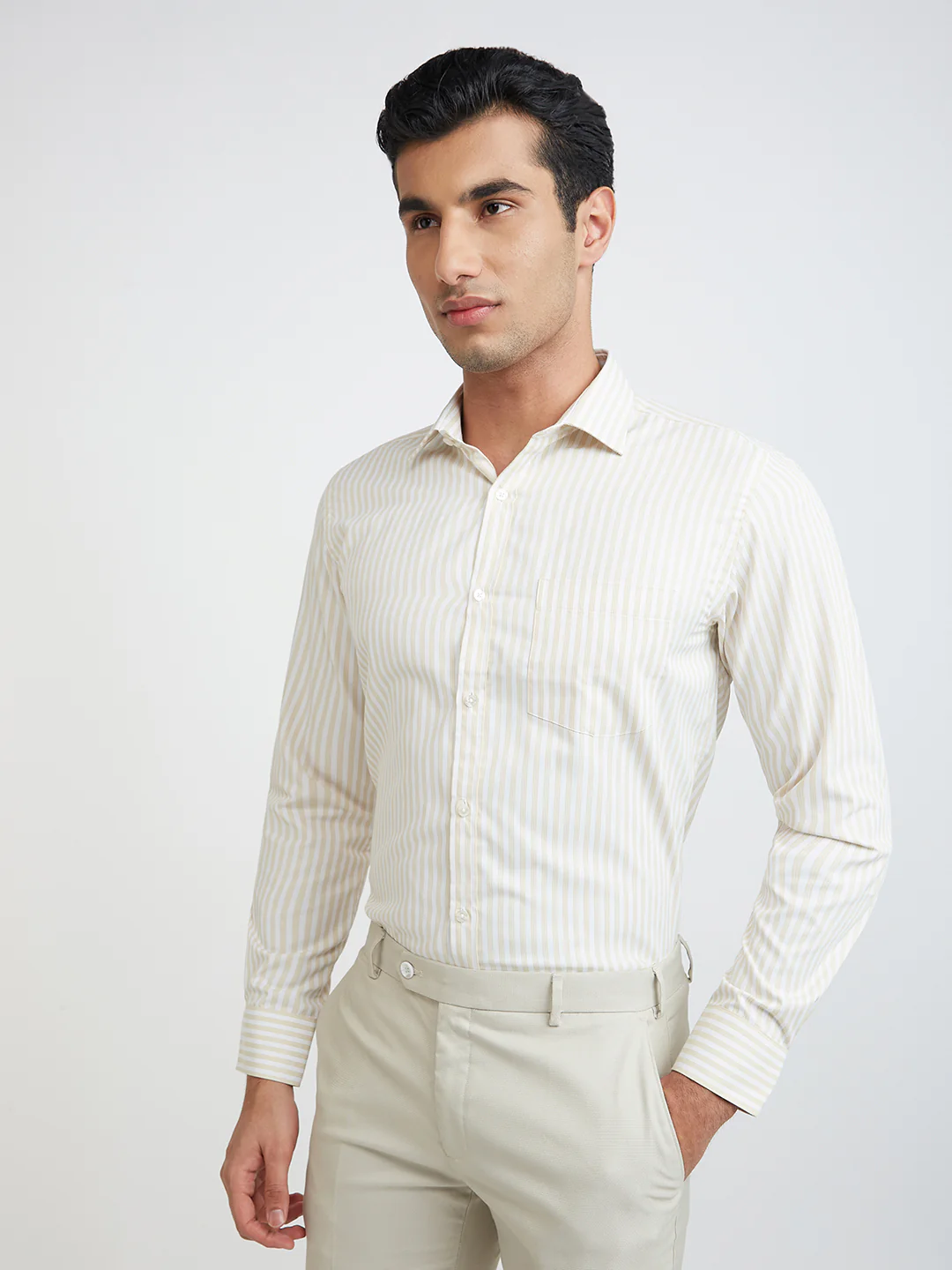 Park Avenue Men Brown Stripe Slim Fit Polyester Blend Shirt - Image 3