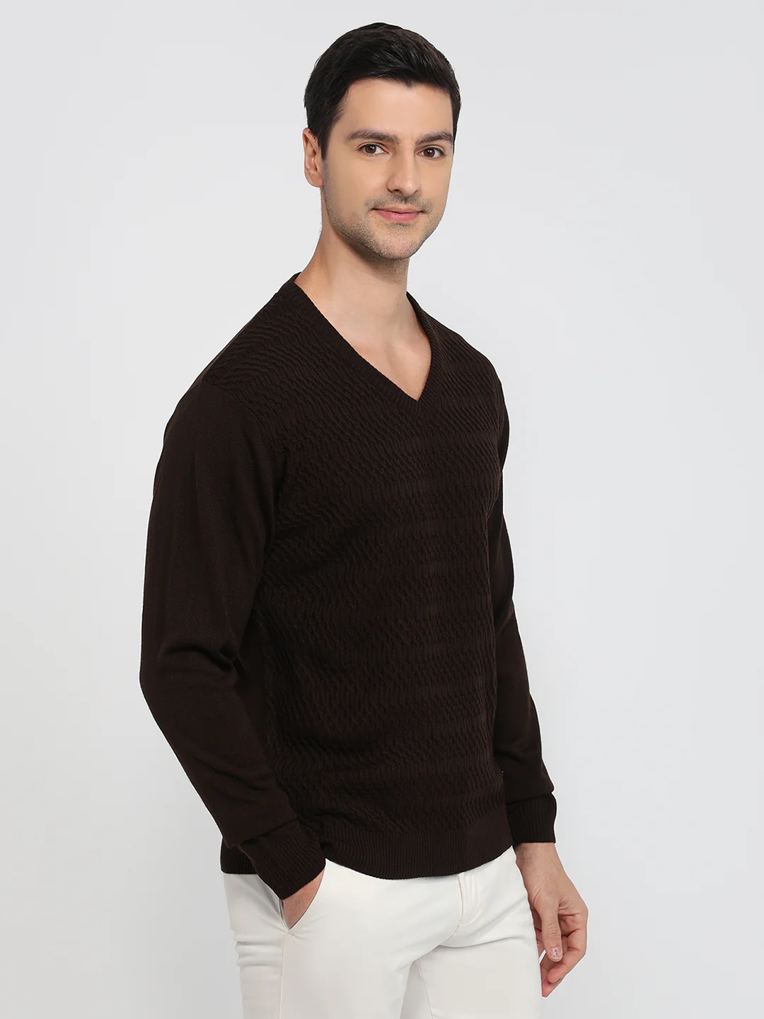 Park Avenue Men Brown Structure Regular Fit Acrylic Sweatshirt - Image 3
