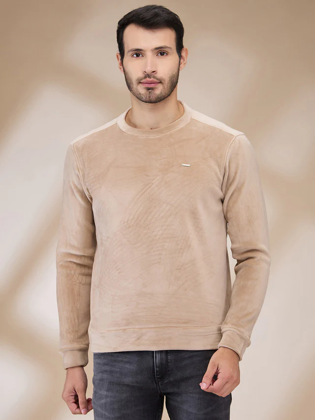 Park Avenue Men Brown Velvet Slim Fit Polyester Blend Sweatshirt