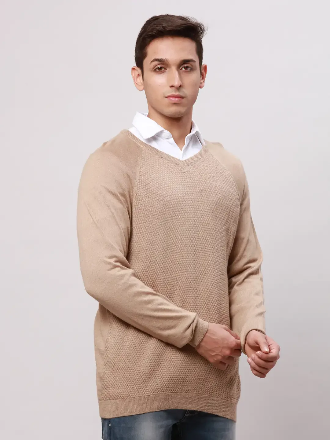 Park Avenue Men Fawn Regular Fit Solid Cotton Full Sleeve V Neck Collar Pullovers - Image 2