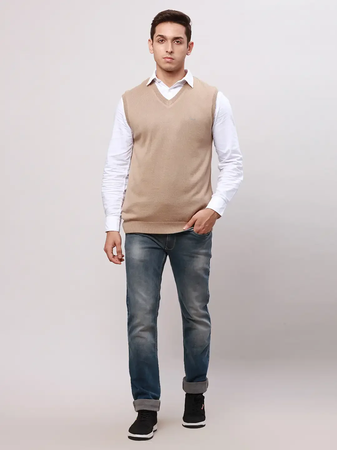 Park Avenue Men Fawn Regular Fit Solid Cotton Pullovers - Image 5