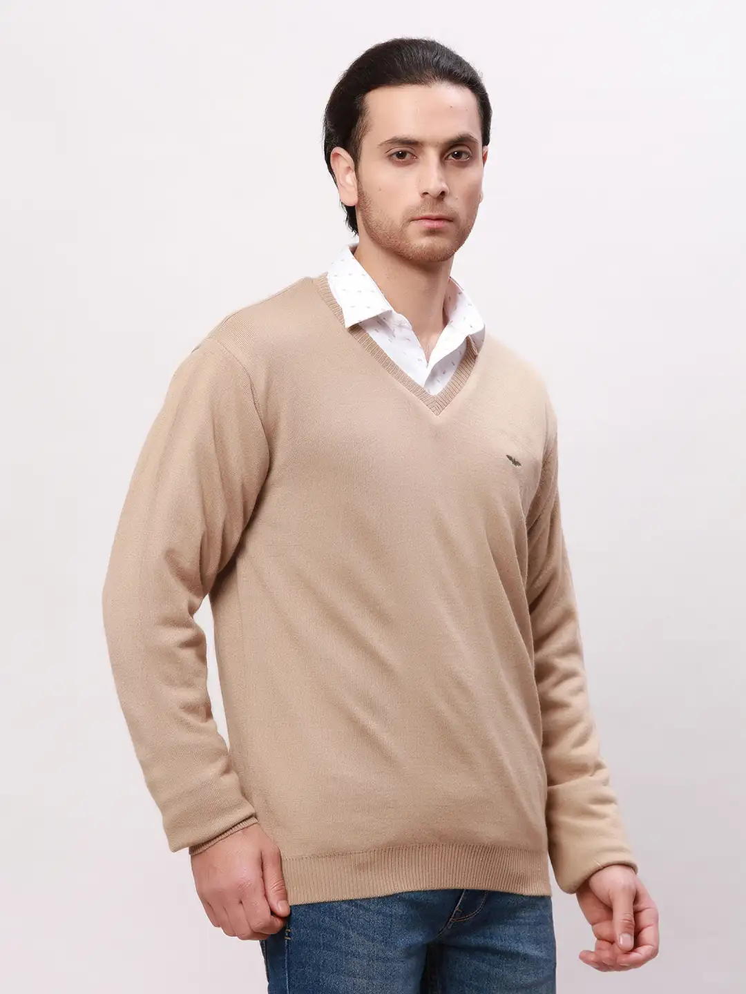Park Avenue Men Fawn Solid Regular Fit Acrylic Blend Full Sleeve Pullover - Image 2