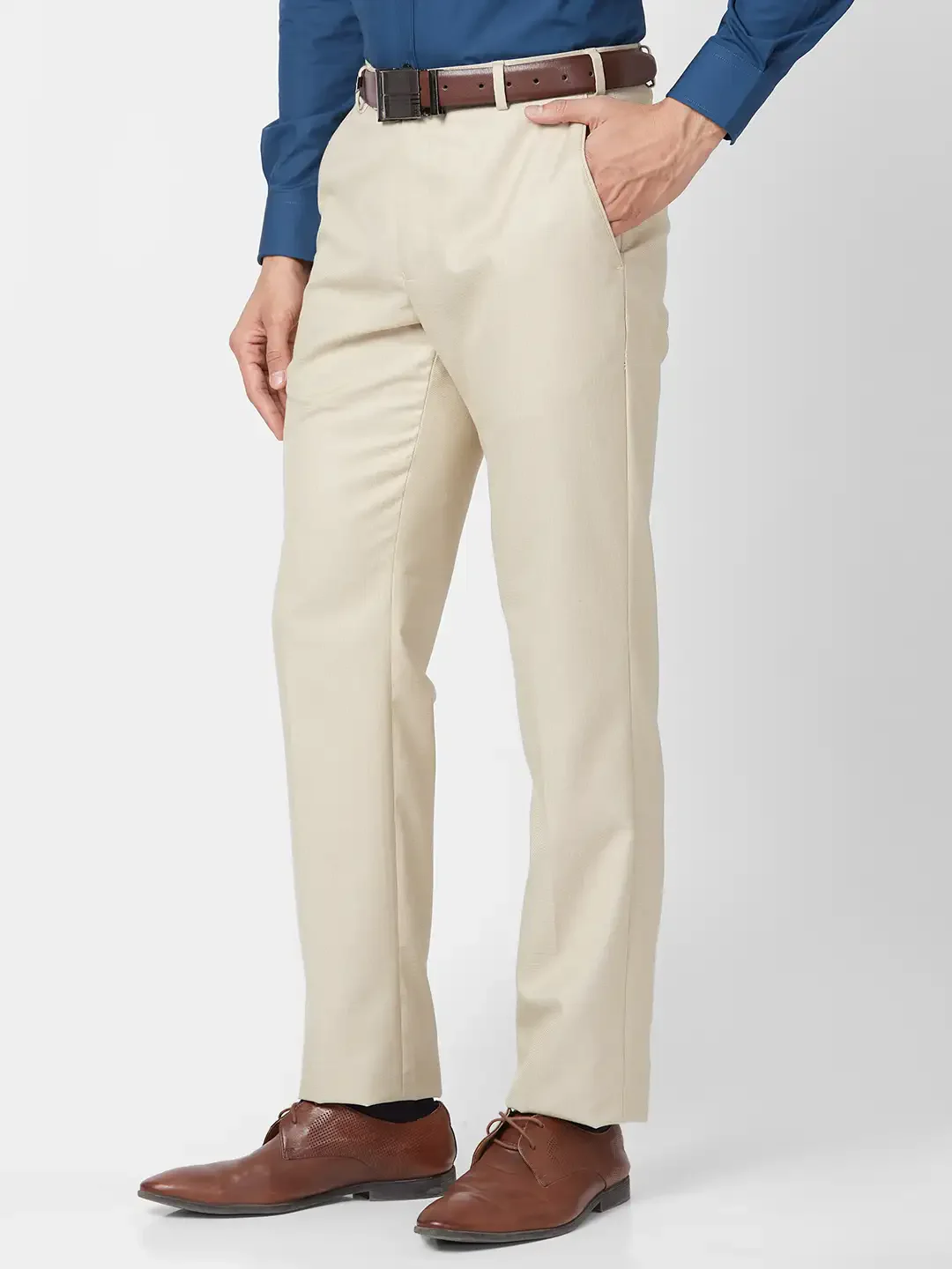 Park Avenue Men Fawn Structure Smart Fit Polyester Blend Trouser - Image 3