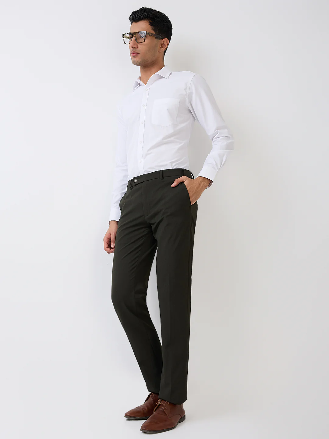 Park Avenue Men Green Birds Eye Slim Fit Polyester Blend Trouser - Image 6