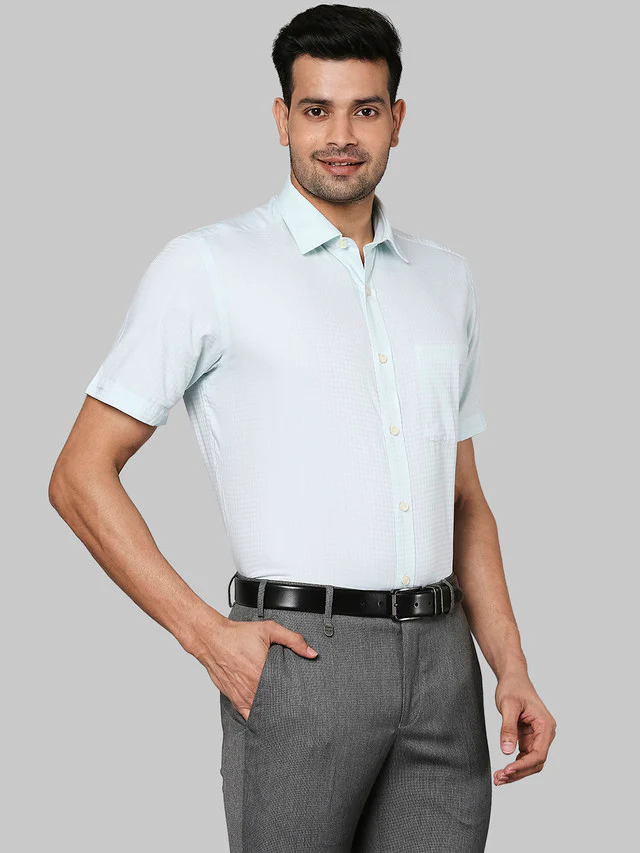 Park Avenue Men Green Checkered Regular Fit Full Sleeve Semi Cut Away Collar Shirt - Image 2