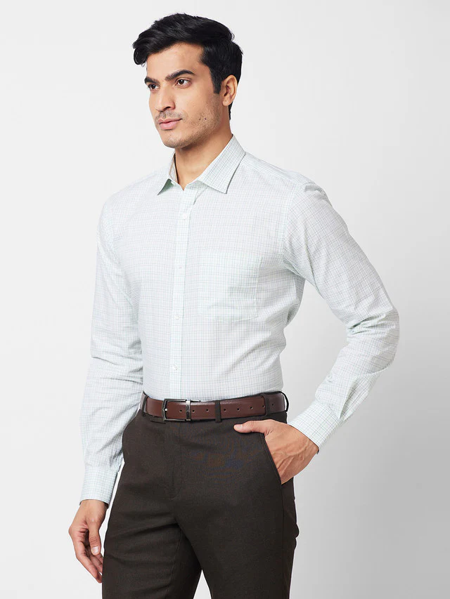 Park Avenue Men Green Checkered Slim Fit Full Sleeve Semi Cut Away Collar Shirt - Image 3