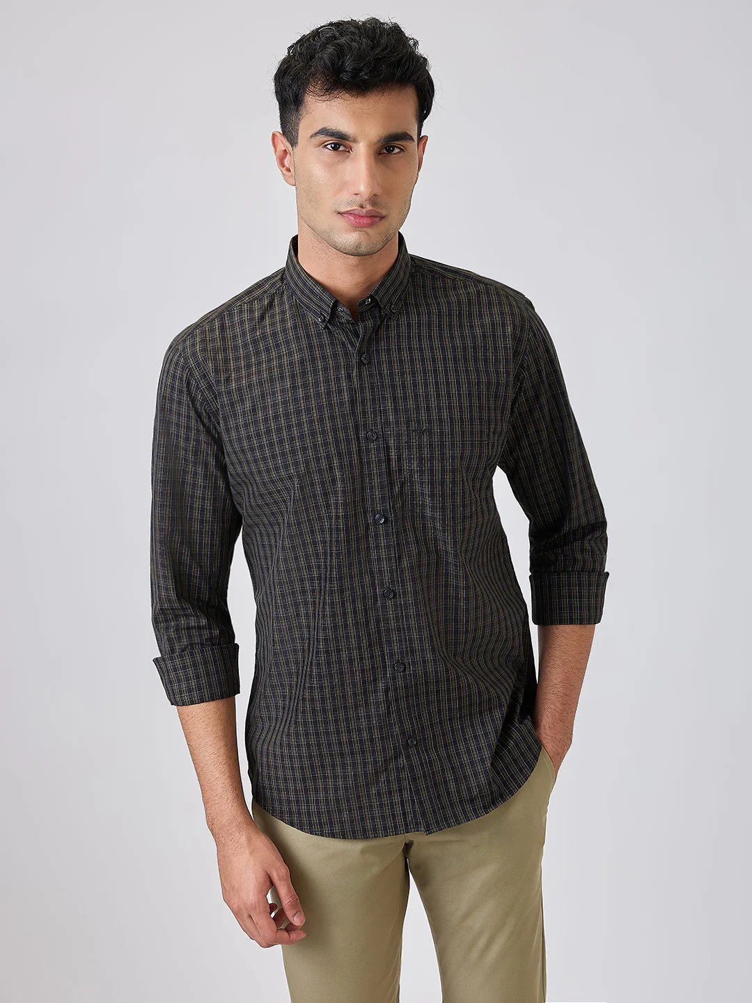 Park Avenue Men Green Checks Slim Fit Cotton Blend Shirt