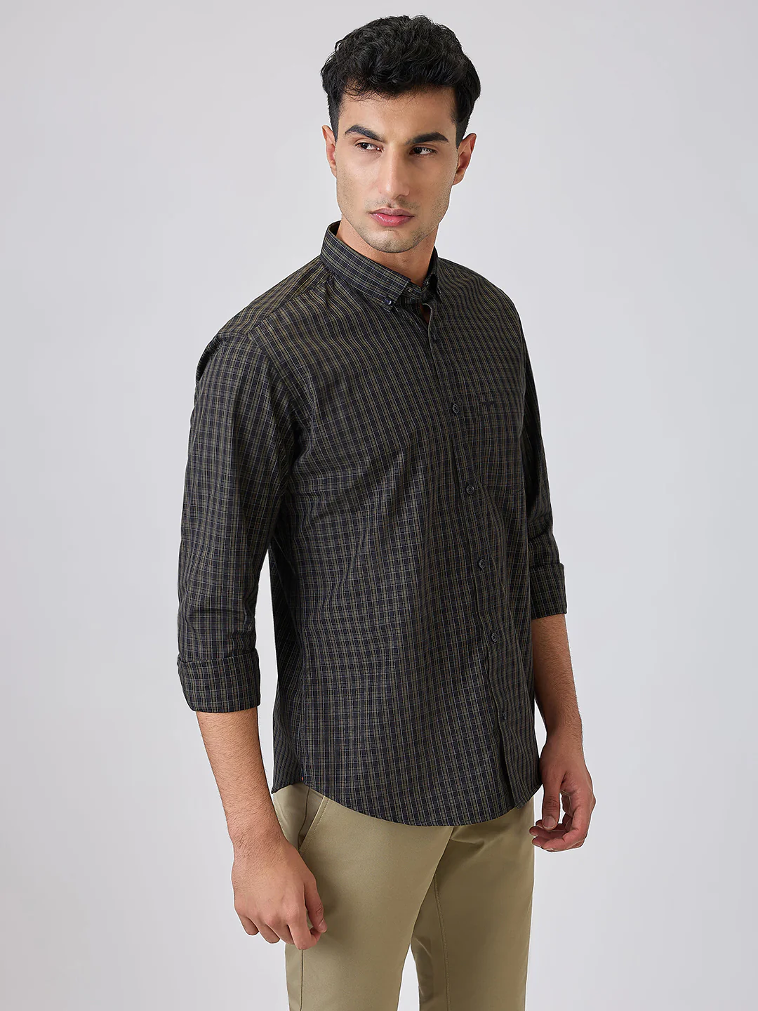 Park Avenue Men Green Checks Slim Fit Cotton Blend Shirt - Image 3