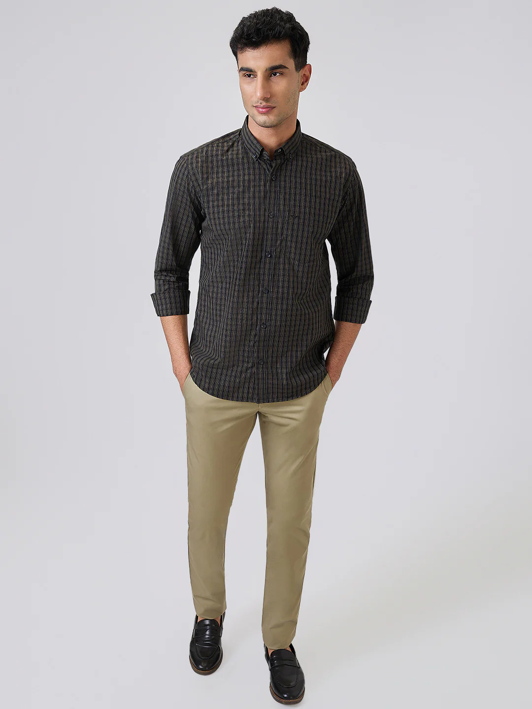 Park Avenue Men Green Checks Slim Fit Cotton Blend Shirt - Image 5