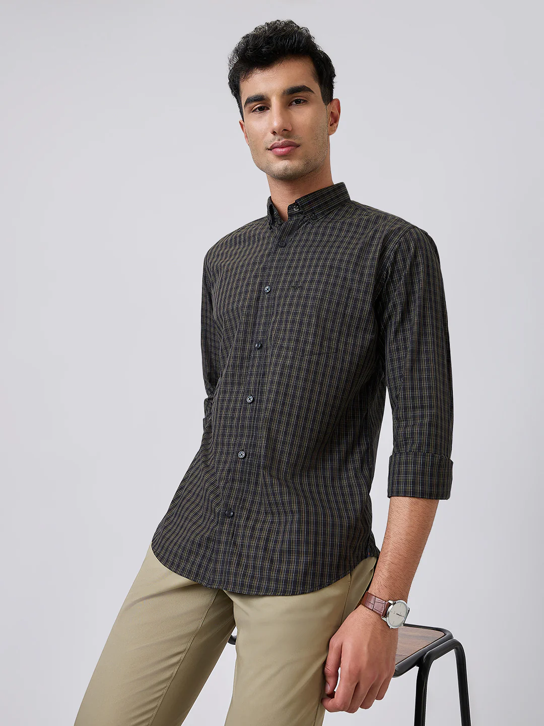 Park Avenue Men Green Checks Slim Fit Cotton Blend Shirt - Image 6