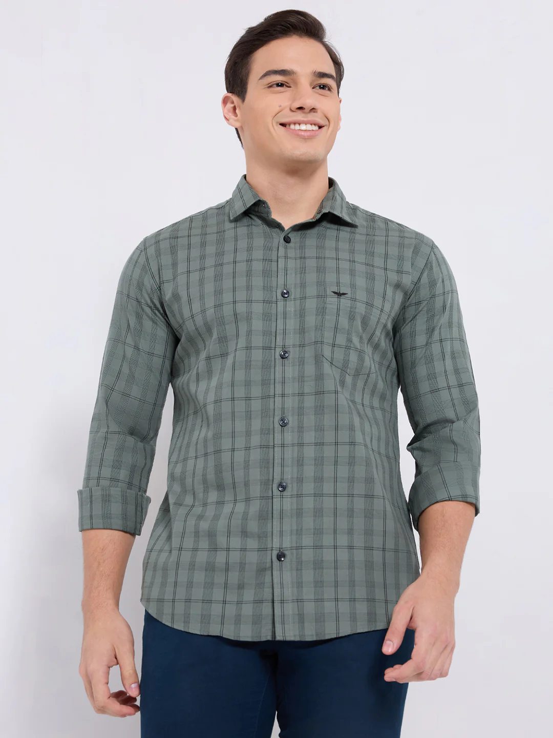 Park Avenue Men Green Checks Slim Fit Cotton Casual Shirt