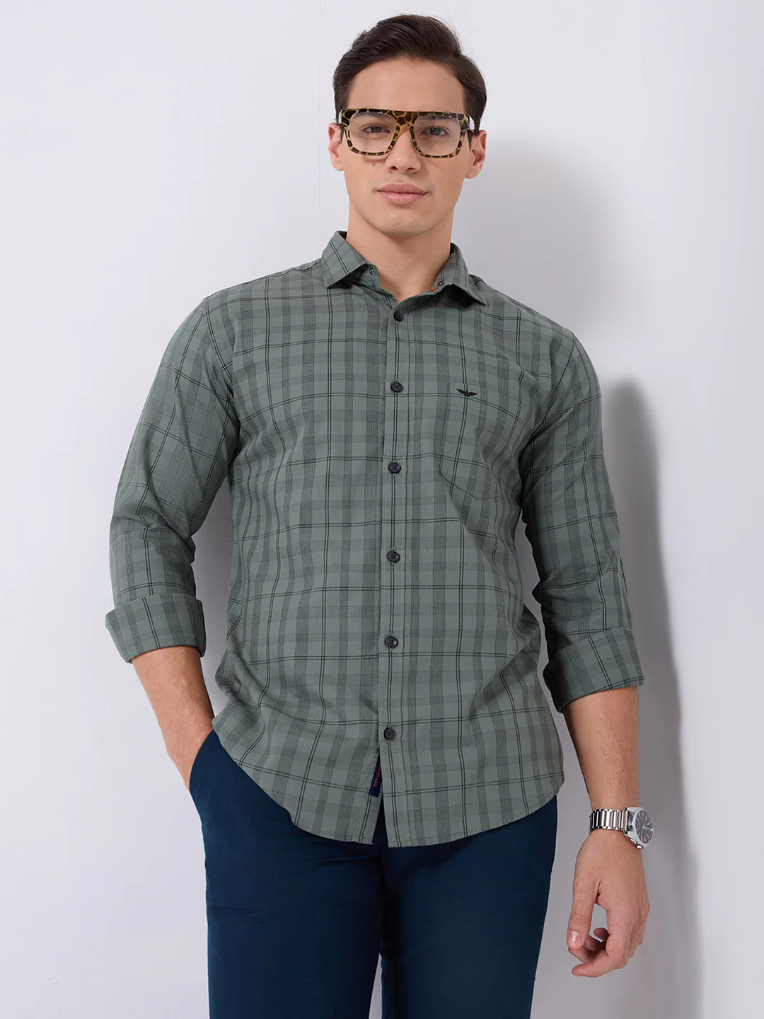 Park Avenue Men Green Checks Slim Fit Cotton Casual Shirt - Image 6