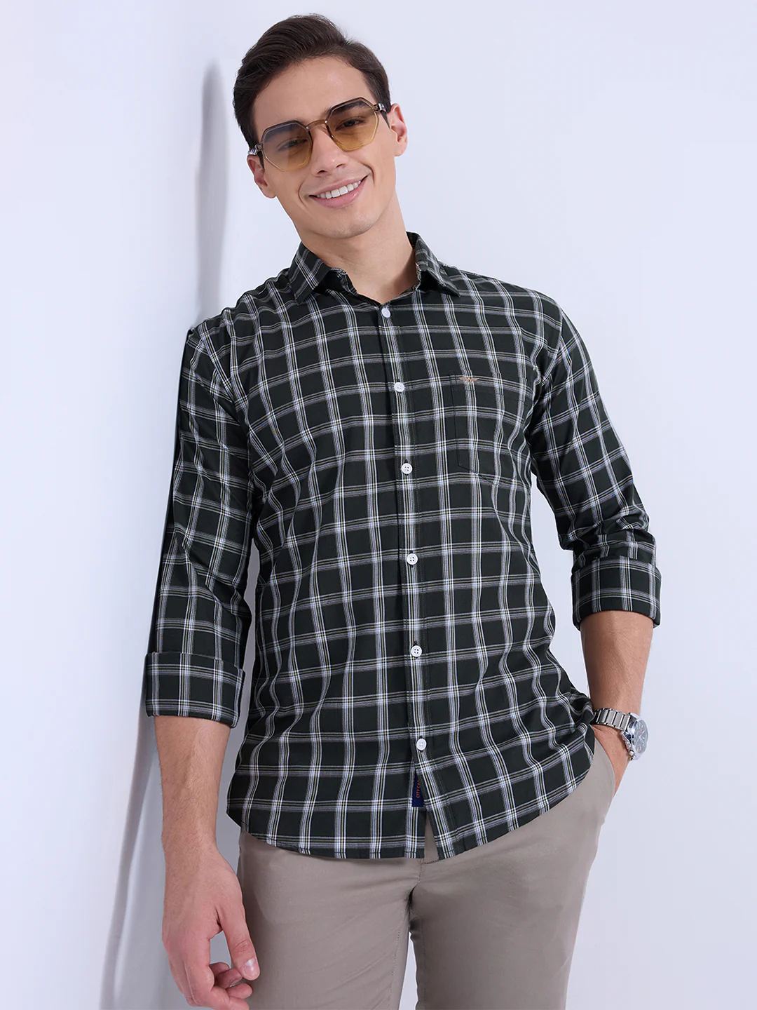 Park Avenue Men Green Checks Slim Fit Cotton Casual Shirt