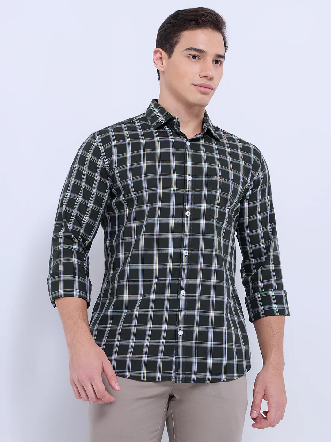 Park Avenue Men Green Checks Slim Fit Cotton Casual Shirt - Image 2