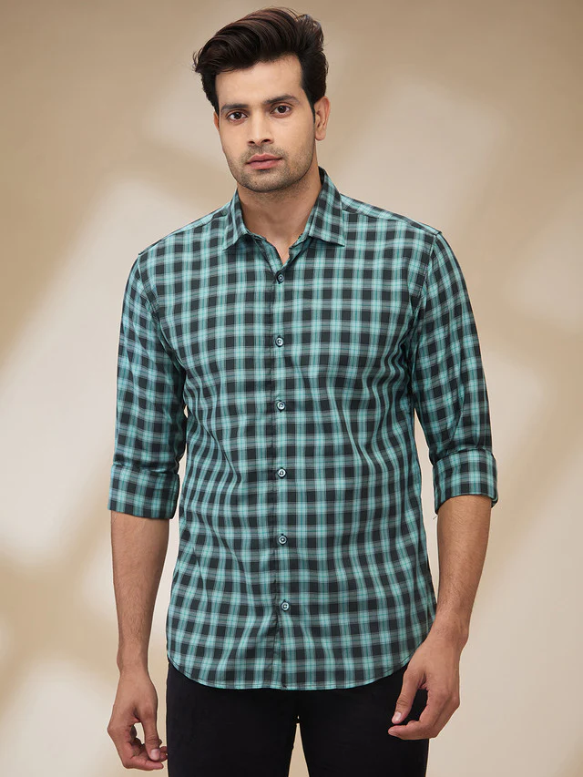 Park Avenue Men Green Checks Slim Fit Cotton Casual Shirt