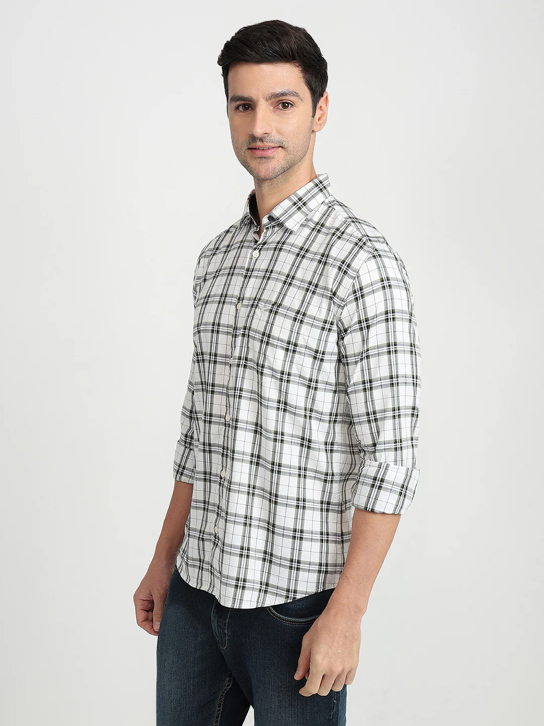 Park Avenue Men Green Checks Slim Fit Cotton Full Sleeve Casual Shirt - Image 2