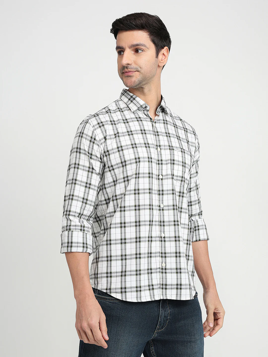 Park Avenue Men Green Checks Slim Fit Cotton Full Sleeve Casual Shirt - Image 3