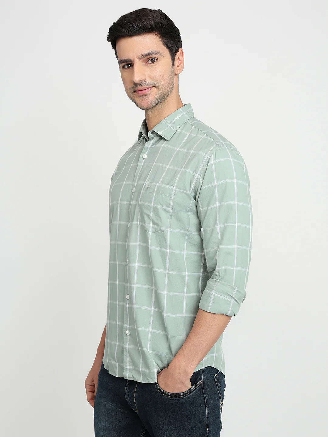Park Avenue Men Green Checks Slim Fit Cotton Full Sleeve Casual Shirt - Image 2