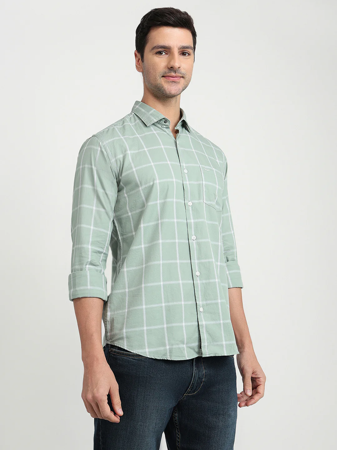 Park Avenue Men Green Checks Slim Fit Cotton Full Sleeve Casual Shirt - Image 3
