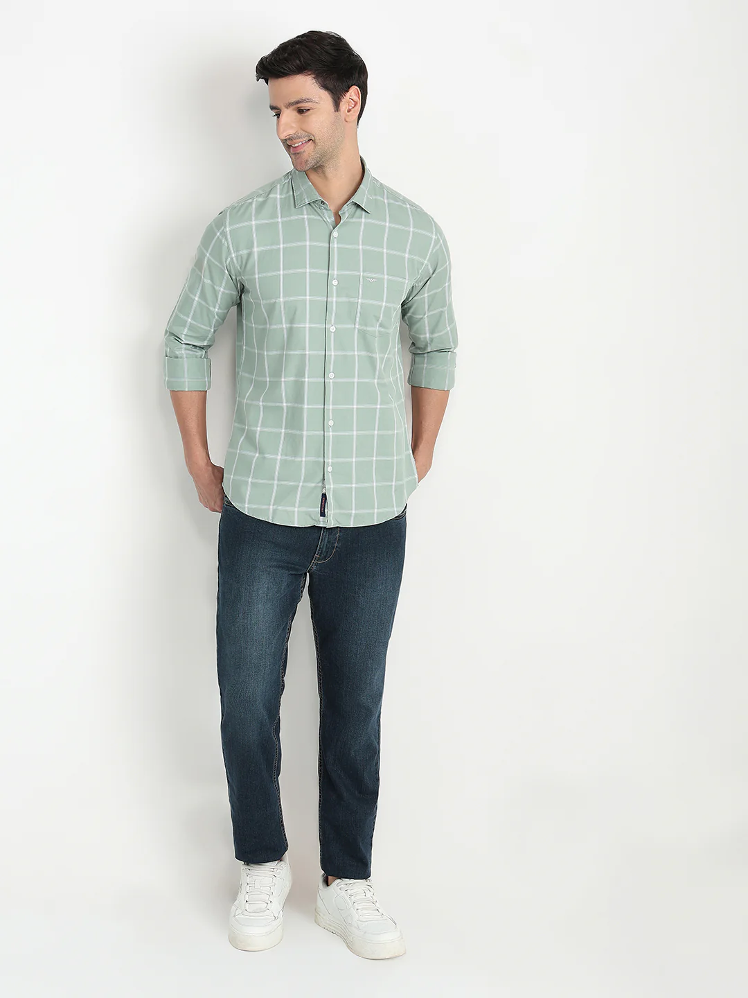 Park Avenue Men Green Checks Slim Fit Cotton Full Sleeve Casual Shirt - Image 5
