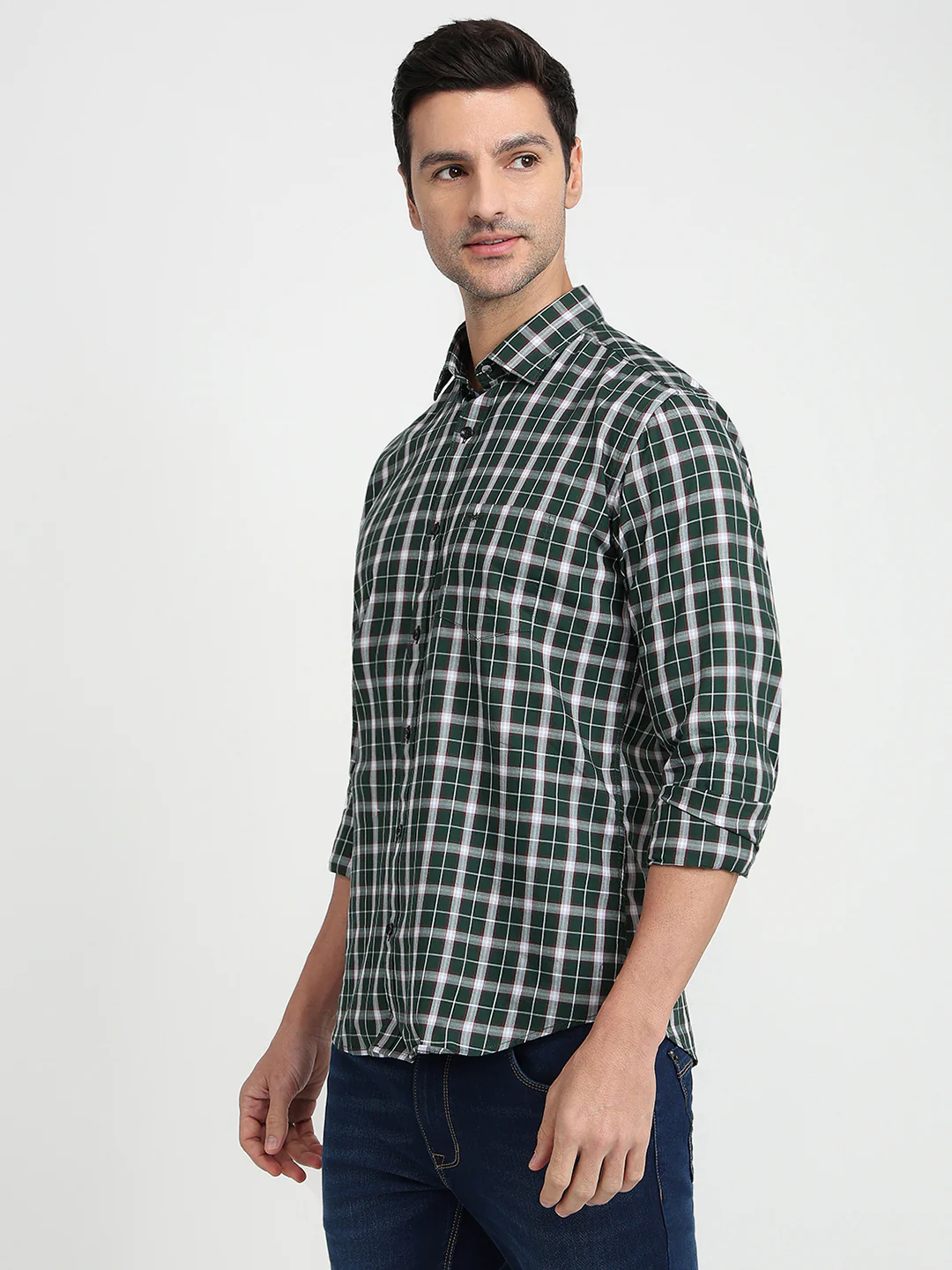 Park Avenue Men Green Checks Slim Fit Cotton Full Sleeve Casual Shirt - Image 2