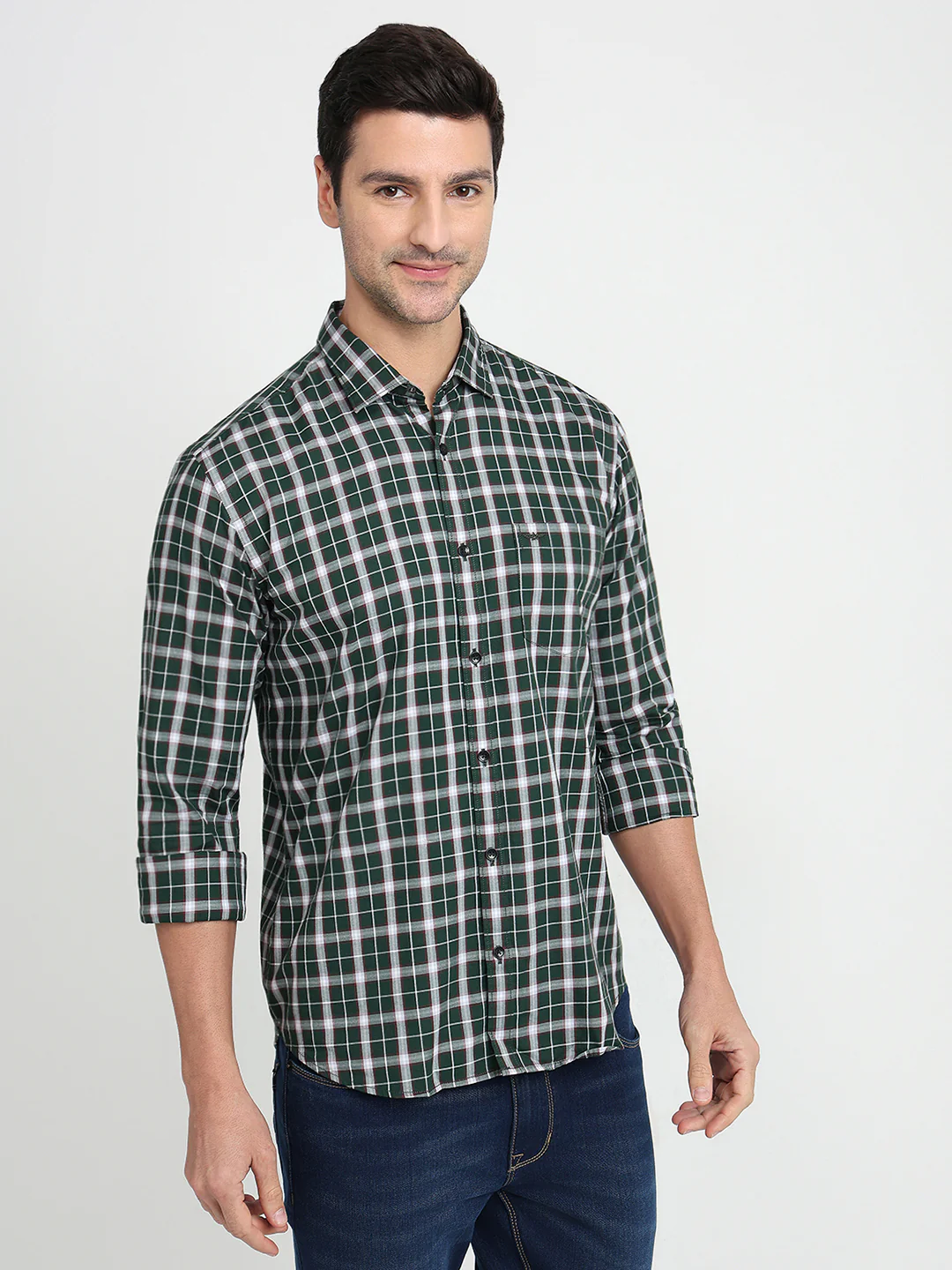 Park Avenue Men Green Checks Slim Fit Cotton Full Sleeve Casual Shirt - Image 3