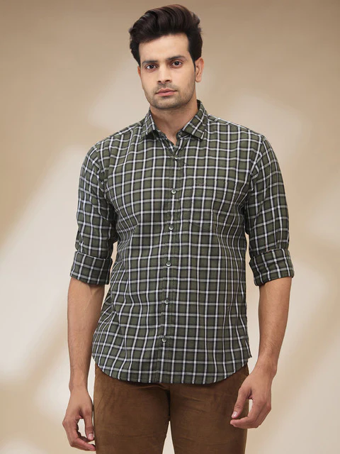 Park Avenue Men Green Checks Slim Fit Cotton Shirt