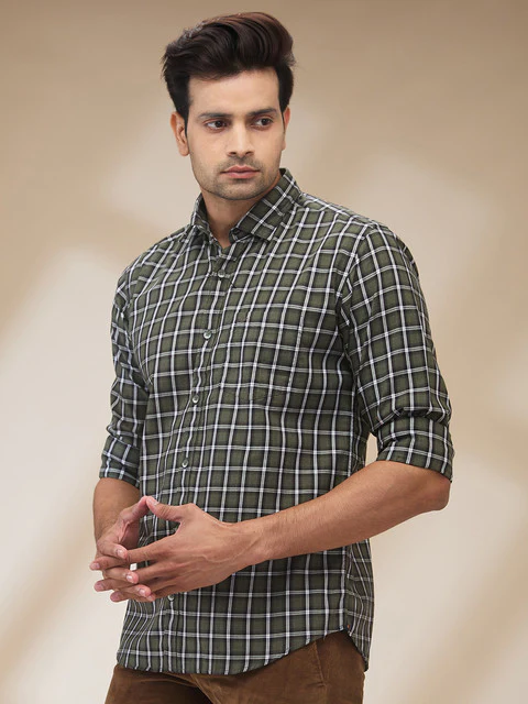 Park Avenue Men Green Checks Slim Fit Cotton Shirt - Image 3