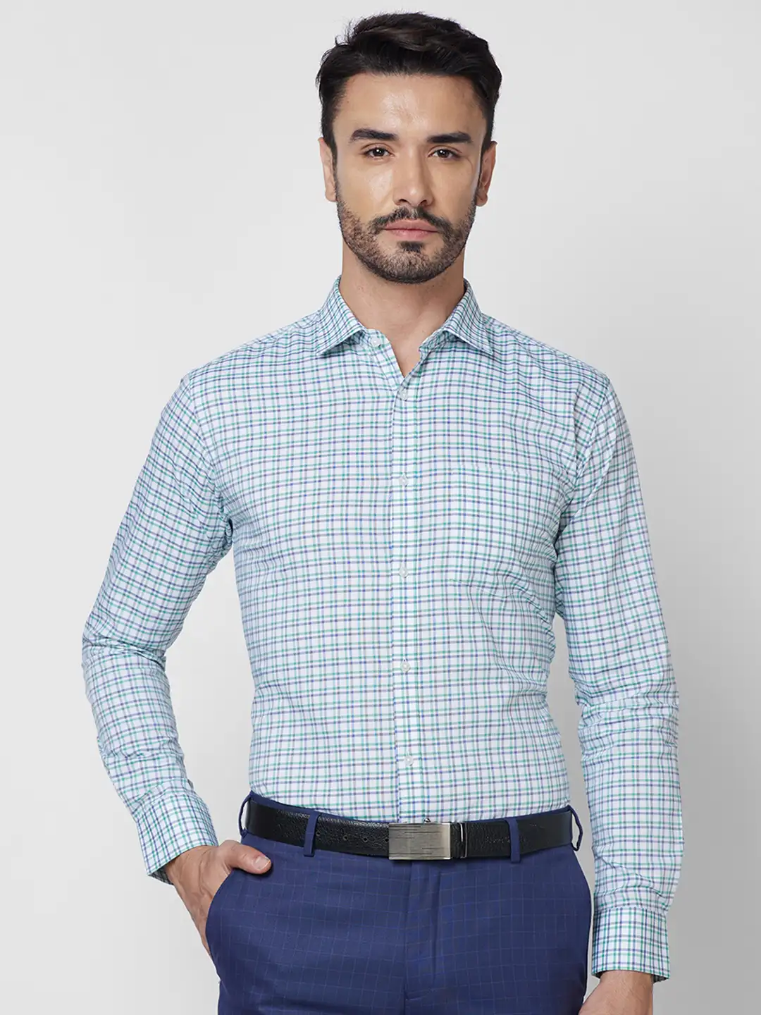 Park Avenue Men Green Checks Slim Fit Cotton Shirt