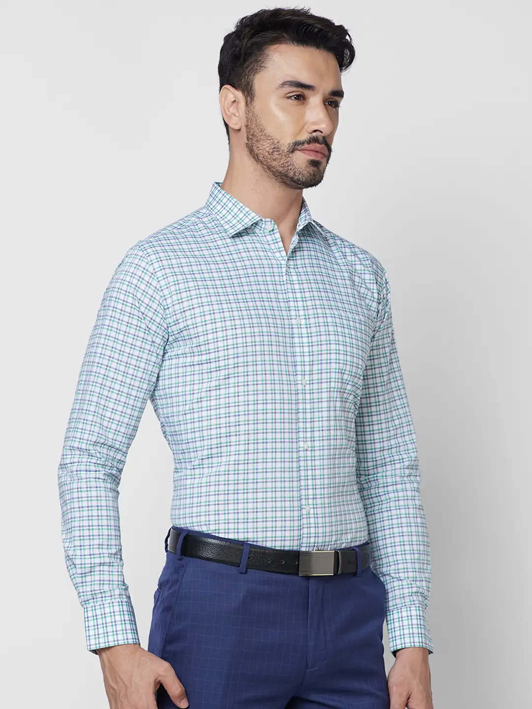Park Avenue Men Green Checks Slim Fit Cotton Shirt - Image 2