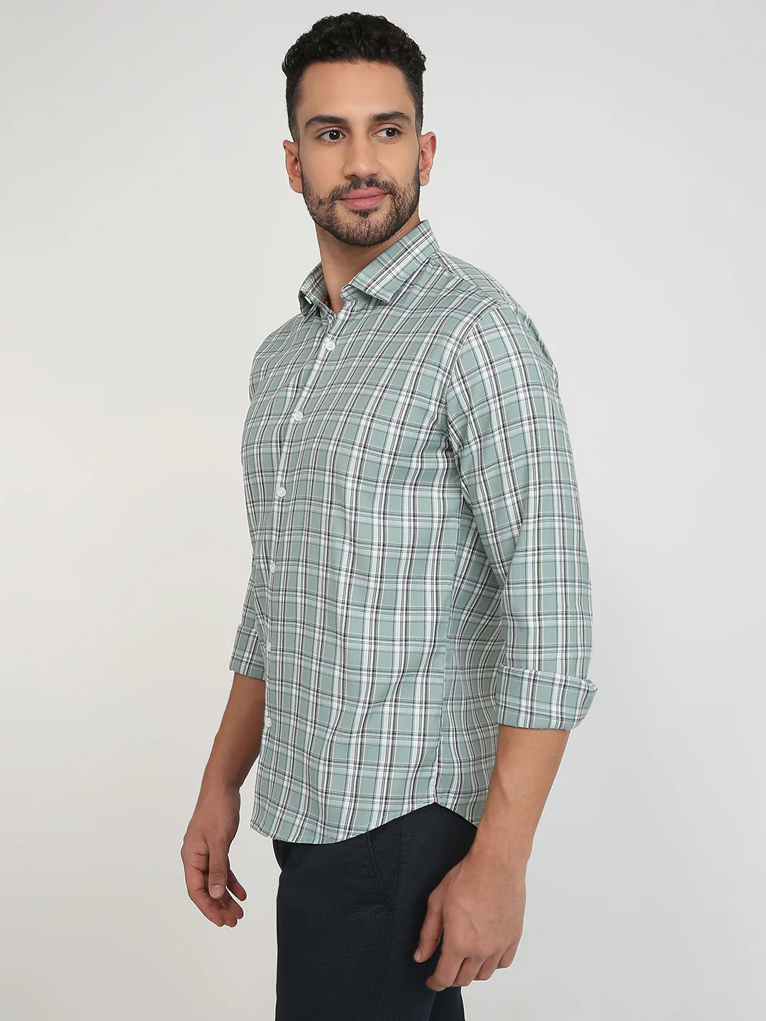 Park Avenue Men Green Checks Slim Fit Polyester Blend Casual Shirt - Image 2