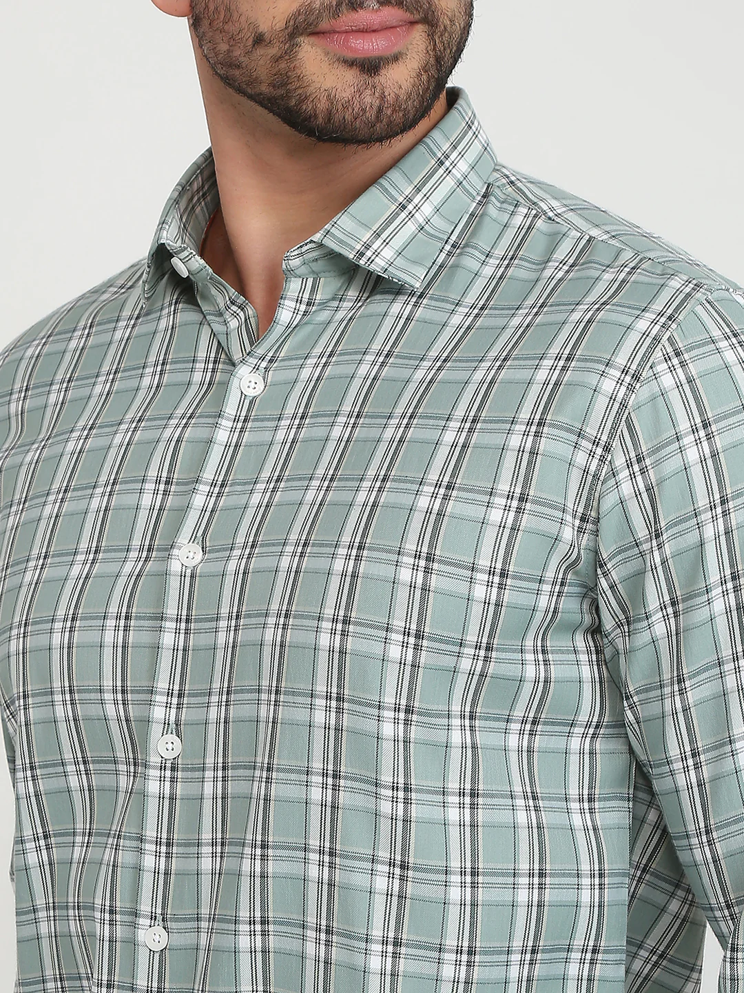 Park Avenue Men Green Checks Slim Fit Polyester Blend Casual Shirt - Image 6