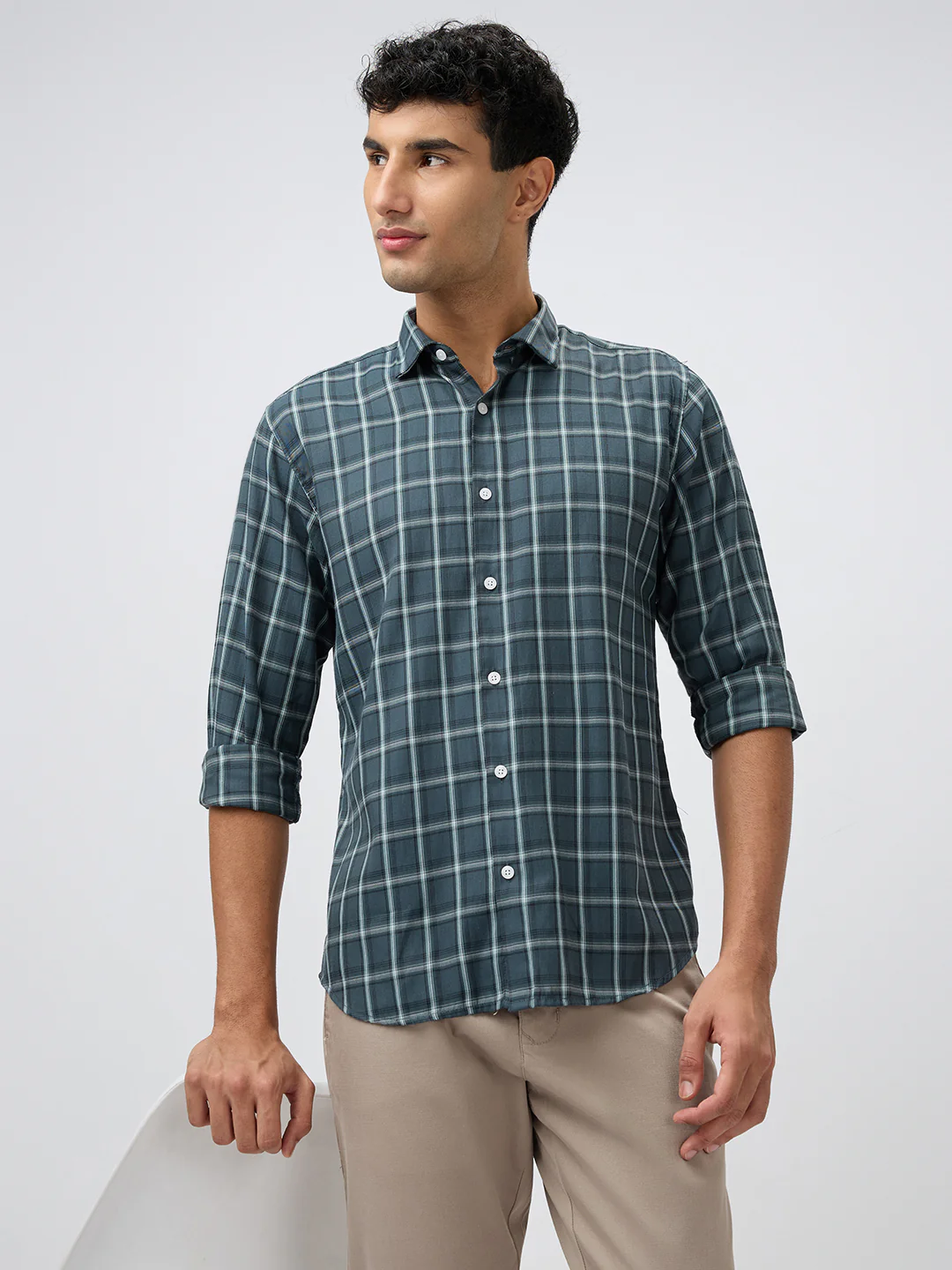 Park Avenue Men Green Checks Slim Fit Polyester Blend Casual Shirt - Image 6