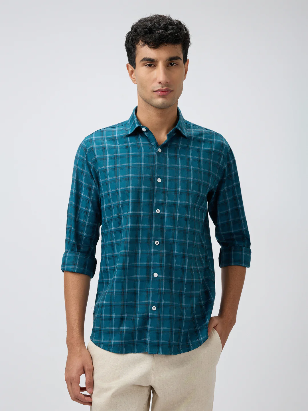 Park Avenue Men Green Checks Slim Fit Polyester Blend Casual Shirt