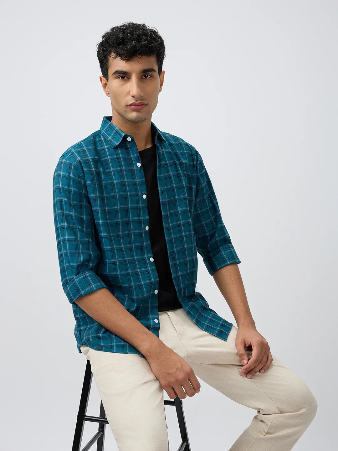 Park Avenue Men Green Checks Slim Fit Polyester Blend Casual Shirt - Image 6