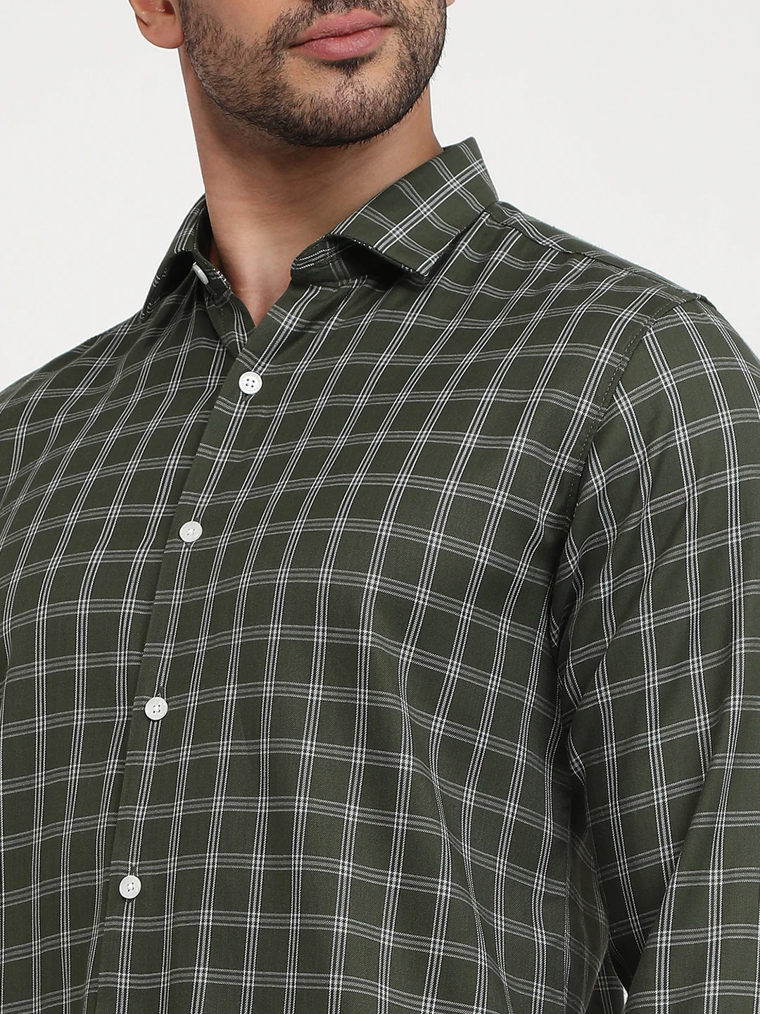 Park Avenue Men Green Checks Slim Fit Polyester Blend Casual Shirt - Image 6