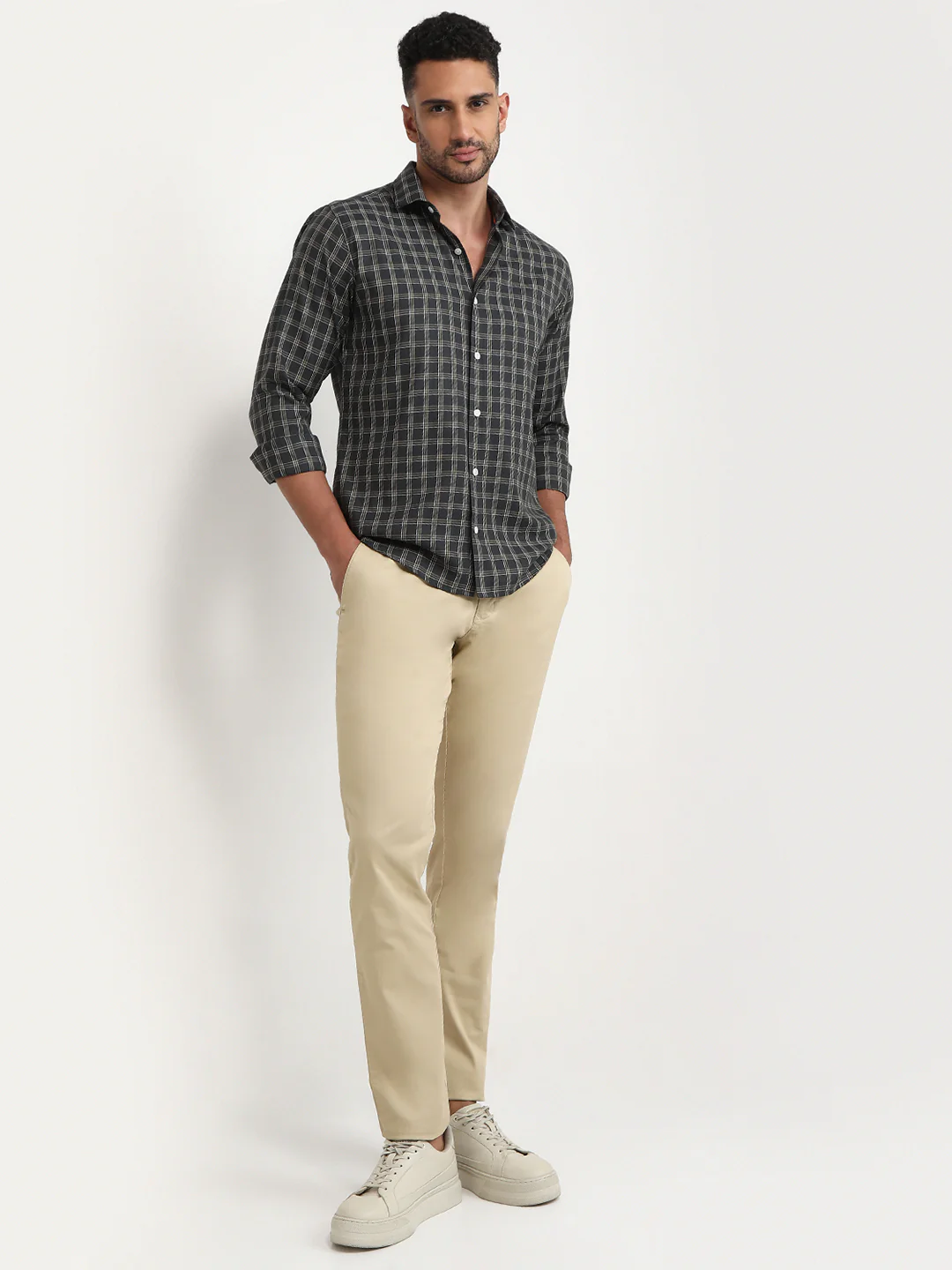 Park Avenue Men Green Checks Slim Fit Polyester Blend Casual Shirt - Image 5
