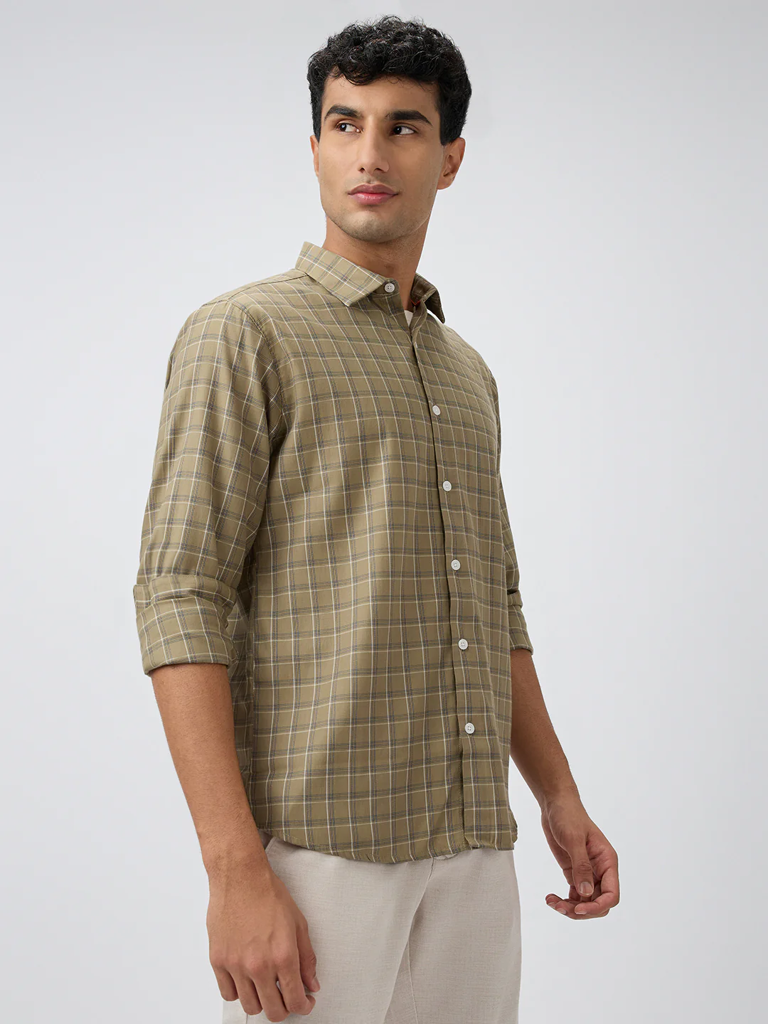 Park Avenue Men Green Checks Slim Fit Polyester Blend Casual Shirt - Image 2