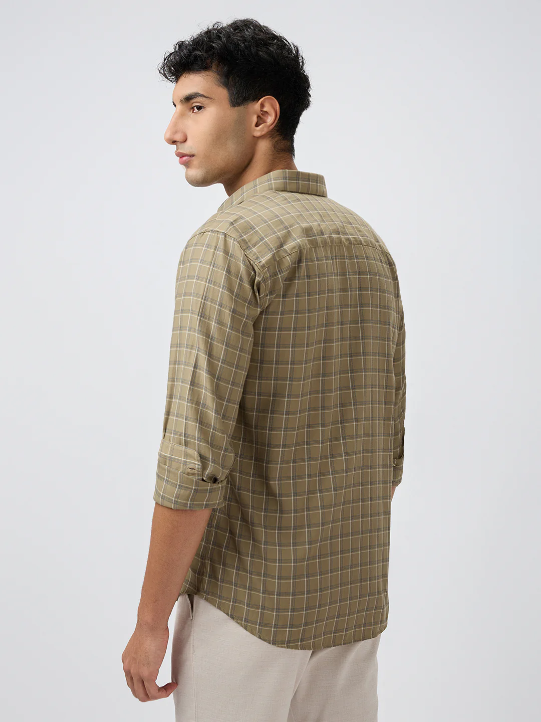 Park Avenue Men Green Checks Slim Fit Polyester Blend Casual Shirt - Image 4
