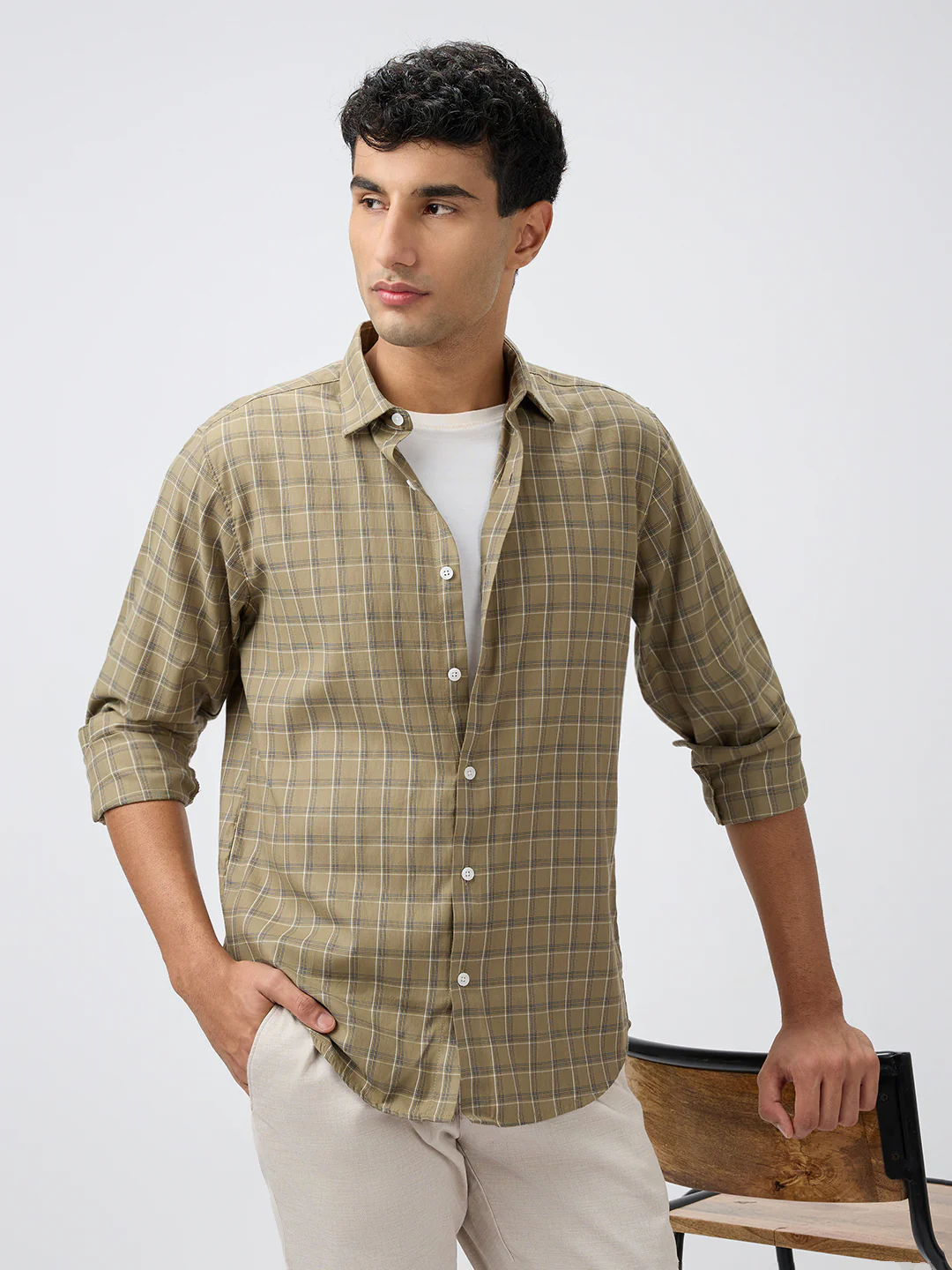 Park Avenue Men Green Checks Slim Fit Polyester Blend Casual Shirt - Image 6