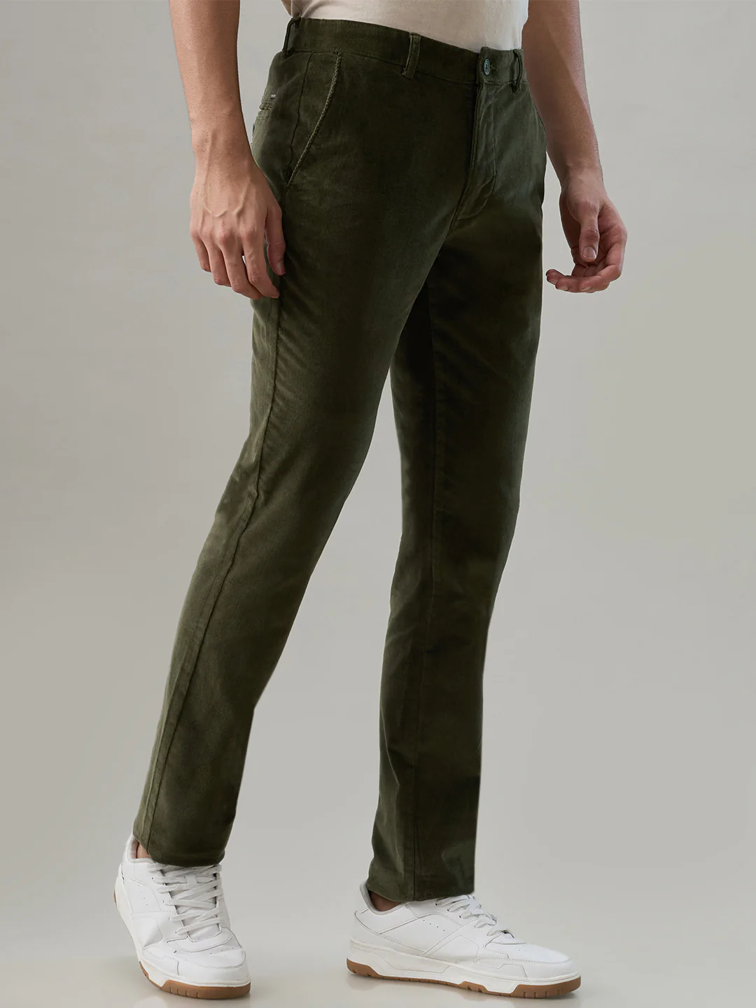 Park Avenue Men Green Corduroy Slim Fit Cotton Blend Trouser - Image 2