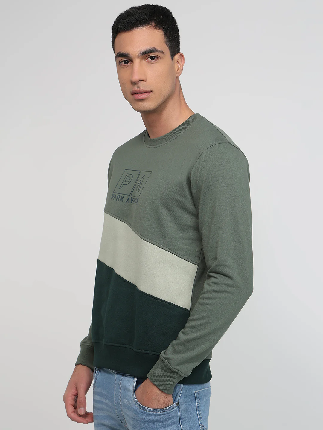 Park Avenue Men Green Cut & Sew Slim Fit Cotton Blend Sweatshirt - Image 2