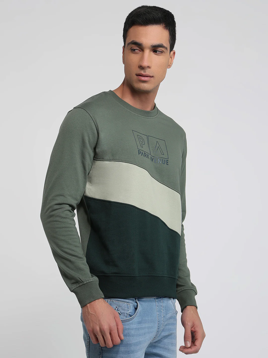 Park Avenue Men Green Cut & Sew Slim Fit Cotton Blend Sweatshirt - Image 3