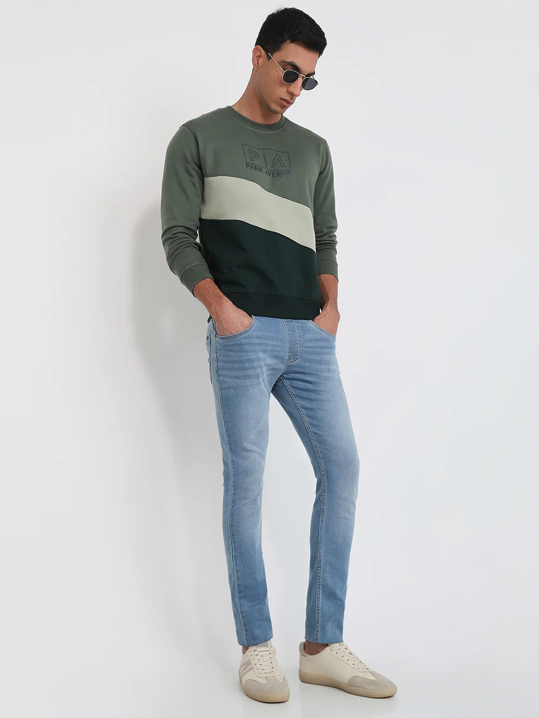 Park Avenue Men Green Cut & Sew Slim Fit Cotton Blend Sweatshirt - Image 5