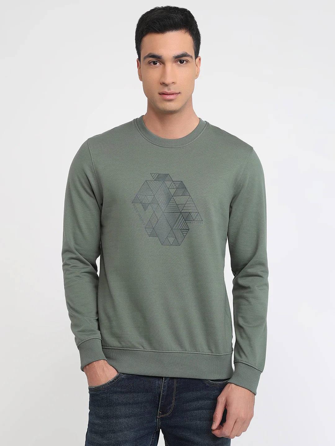 Park Avenue Men Green Print Slim Fit Cotton Blend Sweatshirt