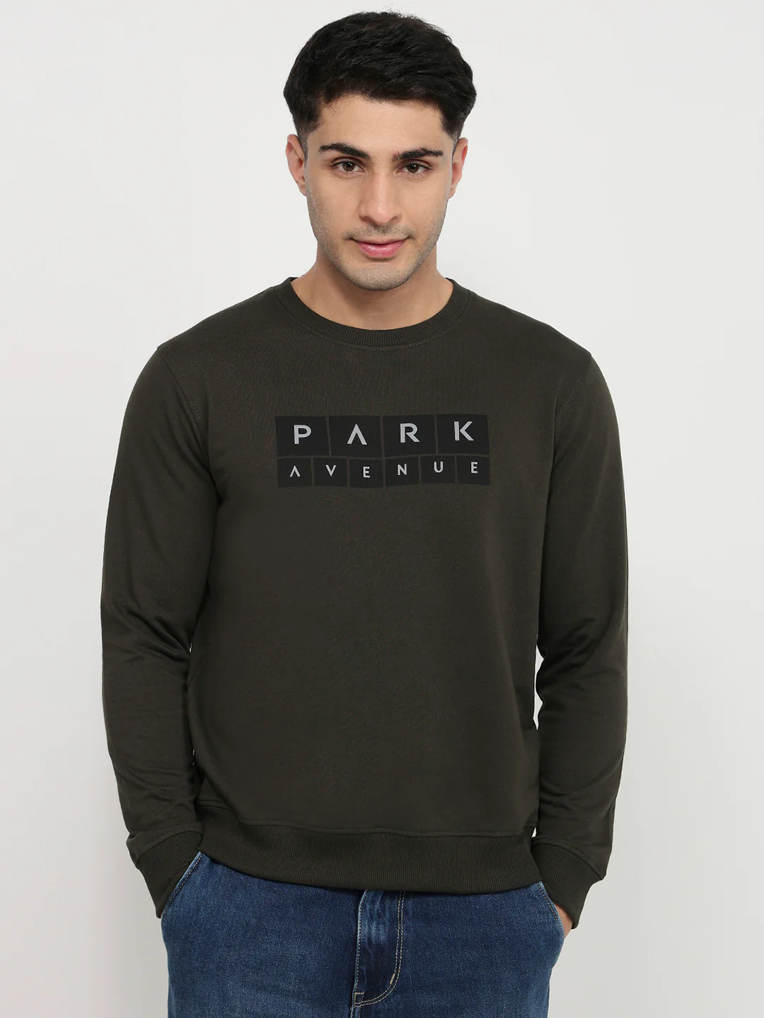 Park Avenue Men Green Print Slim Fit Cotton Blend Sweatshirt